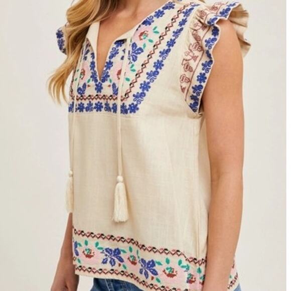 Bluivy Tops - Boho Embroidered Ruffled Sleeve Tasseled Drawstring Top Linen Blend